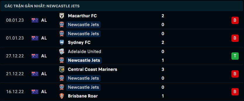 Phong độ thi đấu gần đây của đội khách câu lạc bộ Newcastle Jets FC